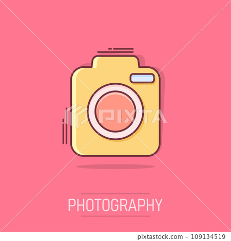 Vector cartoon photo camera icon in comic style. Photographer cam sign illustration pictogram. Camera business splash effect concept. Vector cartoon photo camera icon in comic style. Photographer cam sign illustration pictogram. Camera business splash effect concept. 109134519