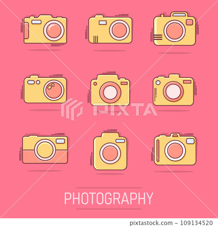 Vector cartoon photo camera set icon in comic style. Photographer cam sign illustration pictogram. Camera business splash effect concept. Vector cartoon photo camera set icon in comic style. Photographer cam sign illustration pictogram. Camera business splash effect concept. 109134520