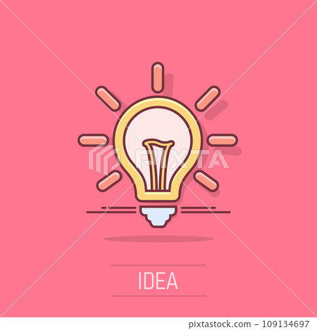 Vector cartoon light bulb icon in comic style. Lighting electric sign illustration pictogram. Idea lightbulb business splash effect concept. Vector cartoon light bulb icon in comic style. Lighting electric sign illustration pictogram. Idea lightbulb business splash effect concept. 109134697