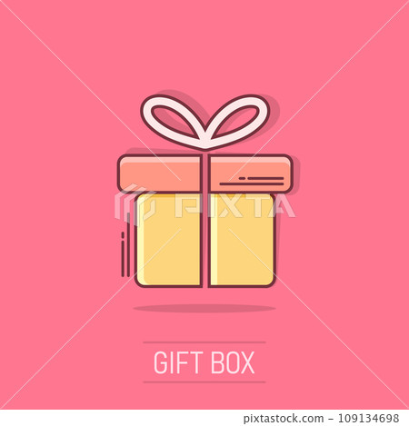 Vector cartoon gift box icon in comic style. Gift present sign illustration pictogram. Box business splash effect concept. Vector cartoon gift box icon in comic style. Gift present sign illustration pictogram. Box business splash effect concept. 109134698