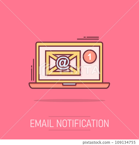 Vector cartoon email envelope message icon in comic style. Mail sign illustration pictogram. Laptop computer business splash effect concept. 109134755