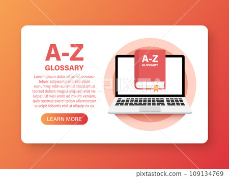 Glossary book with laptop icon in flat style. Guidebook encyclopedia vector illustration on isolated background. A-Z computer sign business concept. 109134769