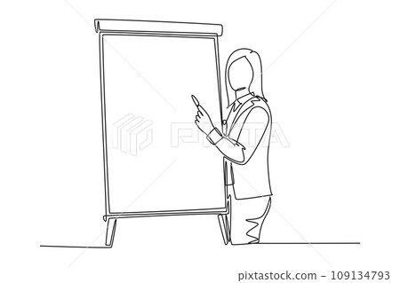 Single one line drawing young female presenter teaching how to do effective presentation. Productive presentation at the office concept. Modern continuous line draw design graphic vector illustration 109134793