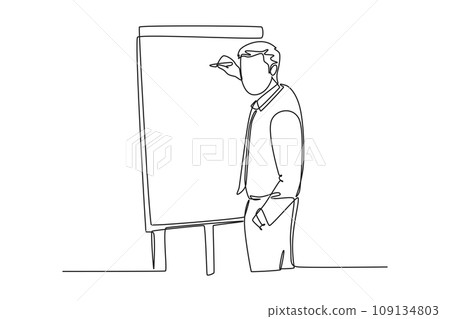 Continuous one line drawing of young presenter pointing finger on audience who want to ask while doing presentation. Workshop presentation concept. Single line draw design vector graphic illustration 109134803