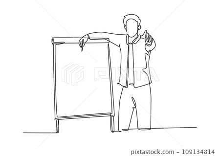 Single continuous line drawing young presenter giving thumbs up gesture to the audience while meeting. Business presentation at office concept. Dynamic one line draw graphic design vector illustration 109134814