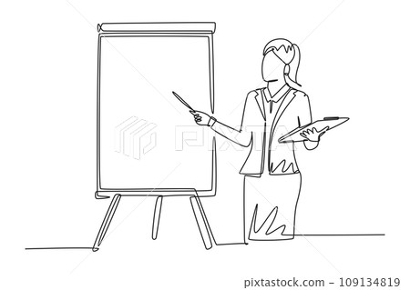 Single continuous line drawing young female presenter pointing the finger to screen with marker. Business presentation at the office concept. Dynamic one line draw graphic design vector illustration 109134819