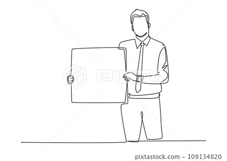 Single one line drawing young presenter holding big screen board to introduce new product of company. New product launch presentation concept. Continuous line draw design graphic vector illustration 109134820