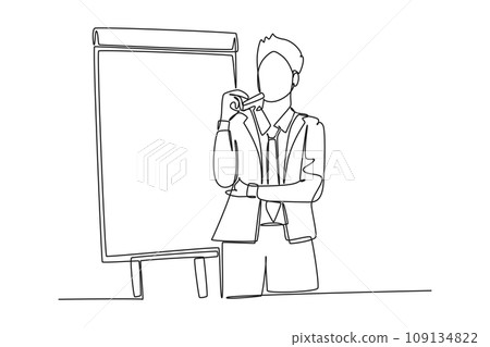 Single one line drawing businessman presenter drawing graph chart on screen board while on meeting. Business presentation at the office concept. Continuous line draw design graphic vector illustration 109134822