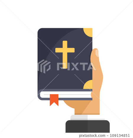Holy bible in hand icon in flat style. Christianity book vector illustration on isolated background. Religion sign business concept. 109134851