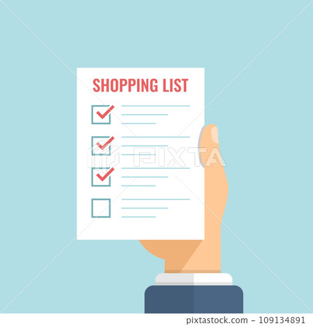 Shopping list in hand icon in flat style. Memo pages vector illustration on isolated background. Daily planner sign business concept. Shopping list in hand icon in flat style. Memo pages vector illustration on isolated background. Daily planner sign business concept. 109134891