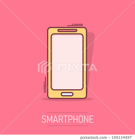 Cartoon smartphone icon in comic style. Mobile phone illustration pictogram. Smartphone splash business concept. Cartoon smartphone icon in comic style. Mobile phone illustration pictogram. Smartphone splash business concept. 109134897