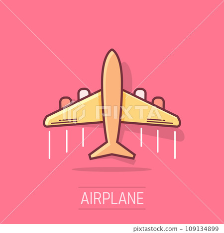 Cartoon airplane icon in comic style. Plane illustration pictogram. Aircraft splash business concept. Cartoon airplane icon in comic style. Plane illustration pictogram. Aircraft splash business concept. 109134899