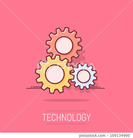 Cartoon gear icon in comic style. Gearwheel illustration pictogram. Cogwheel splash business concept. Cartoon gear icon in comic style. Gearwheel illustration pictogram. Cogwheel splash business concept. 109134900