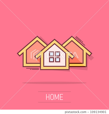 Cartoon house icon in comic style. Home illustration pictogram. House splash business concept. Cartoon house icon in comic style. Home illustration pictogram. House splash business concept. 109134901