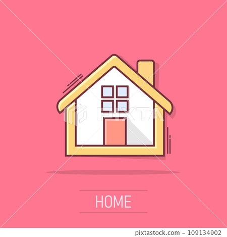 Cartoon house icon in comic style. Home illustration pictogram. House splash business concept. Cartoon house icon in comic style. Home illustration pictogram. House splash business concept. 109134902