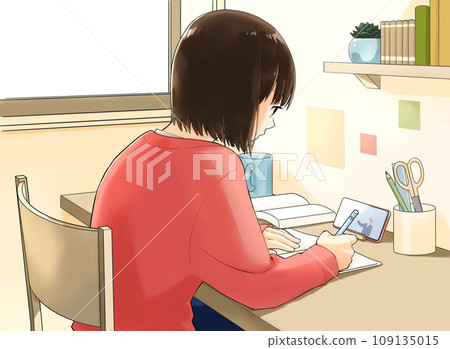 Young woman studying while looking at her smartphone 109135015