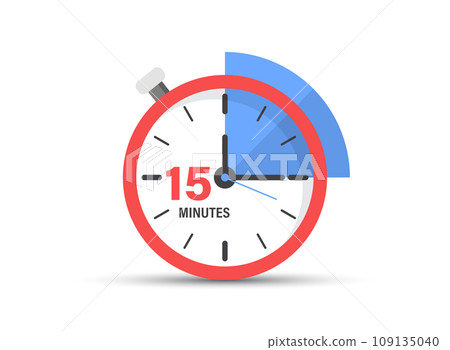 15 minutes on stopwatch icon in flat style. Clock face timer vector illustration on isolated background. Countdown sign business concept. 109135040