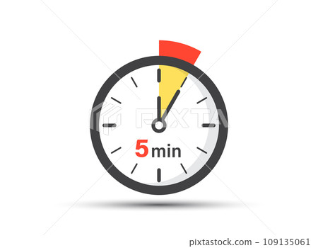 5 minutes on stopwatch icon in flat style. Clock face timer vector illustration on isolated background. Countdown sign business concept. 5 minutes on stopwatch icon in flat style. Clock face timer vector illustration on isolated background. Countdown sign business concept. 109135061