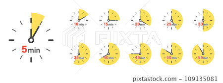 From 5 minutes to 55 minutes on stopwatch icon in flat style. Clock face timer vector illustration on isolated background. Countdown sign business concept. From 5 minutes to 55 minutes on stopwatch icon in flat style. Clock face timer vector illustration on isolated background. Countdown sign business concept. 109135081