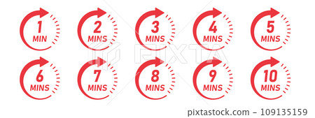 From 1 minite to 10 minutes on stopwatch icon in flat style. Clock face timer vector illustration on isolated background. Countdown sign business concept. From 1 minite to 10 minutes on stopwatch icon in flat style. Clock face timer vector illustration on isolated background. Countdown sign business concept. 109135159