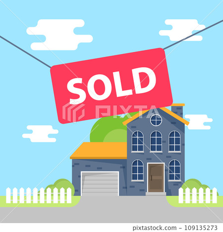 Real estate banner with house icon in flat style. Sale label vector illustration on isolated background. Sold sign business concept. 109135273