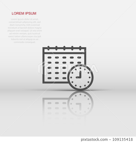 Calendar with clock icon in flat style. Agenda vector illustration on white isolated background. Schedule time planner business concept. Calendar with clock icon in flat style. Agenda vector illustration on white isolated background. Schedule time planner business concept. 109135418