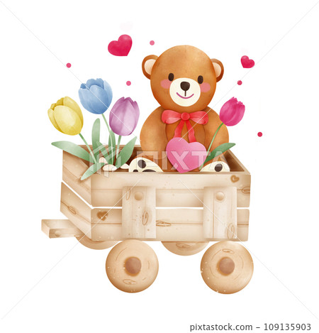 Teddy bear with heart in wooden wagon 109135903