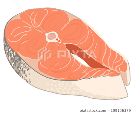 Salmon steak. Vector. Illustration in cartoon style isolated on white background. Cut off a piece of red fish. Seafood containing Omega 3. Trout fillet. Salmon steak. Vector. Illustration in cartoon style isolated on white background. Cut off a piece of red fish. Seafood containing Omega 3. Trout fillet. 109136379