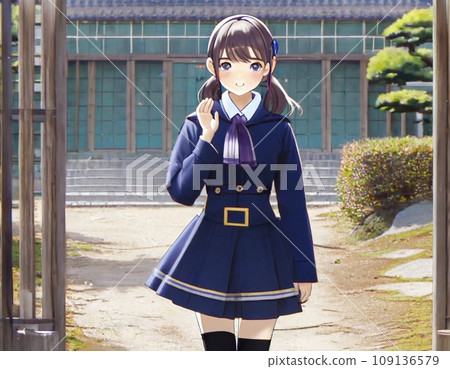 穿校服的學校女孩在學校大廈前面 穿校服的學校女孩在學校大廈前面 109136579