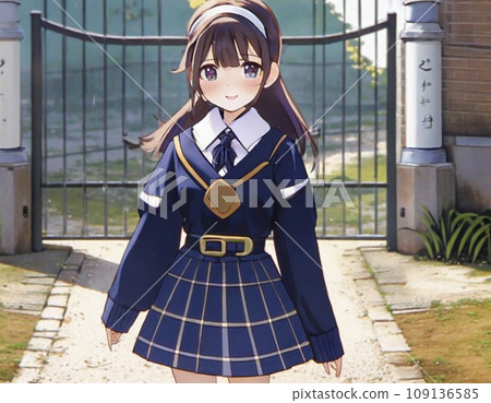 穿校服的學校女孩在學校大廈前面 109136585