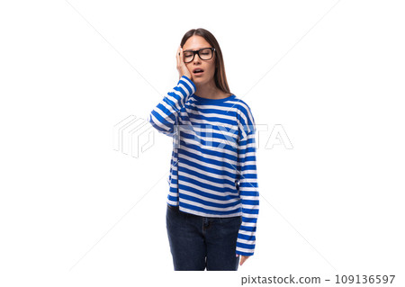 young stylish woman with straight hair wears eyeglasses on a white background young stylish woman with straight hair wears eyeglasses on a white background 109136597