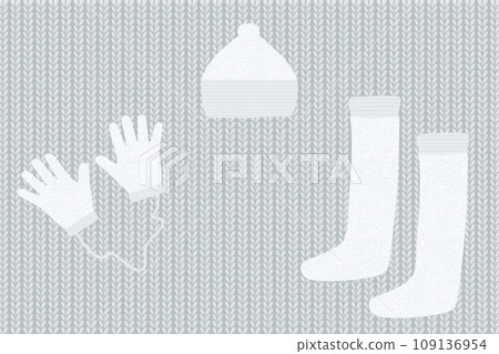 手套和針織帽子和靴子，針織背景插圖 109136954