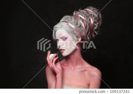 Sensual creative fashionable carnival model woman blonde, fashion beauty studio portrait 109137281