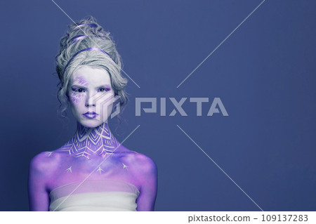 Gorgeous creative fashionable carnival model woman blonde, fashion beauty studio portrait 109137283