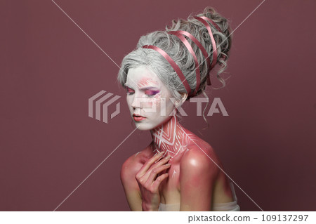 Perfect creative fashionable carnival model woman blonde, fashion beauty studio portrait 109137297