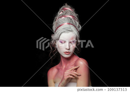 Gorgeous woman with makeup. Halloween and theatre concept. Gorgeous woman with makeup. Halloween and theatre concept. 109137313