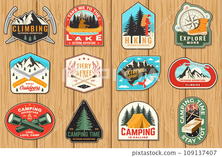 Set of camping patch, sticker. Outdoor adventure vector badge design. Vintage typography design with knives, bear in canoe, matches stick, burning lighter, hiker, climbing ice-axe match and forest Set of camping patch, sticker. Outdoor adventure vector badge design. Vintage typography design with knives, bear in canoe, matches stick, burning lighter, hiker, climbing ice-axe match and forest 109137407
