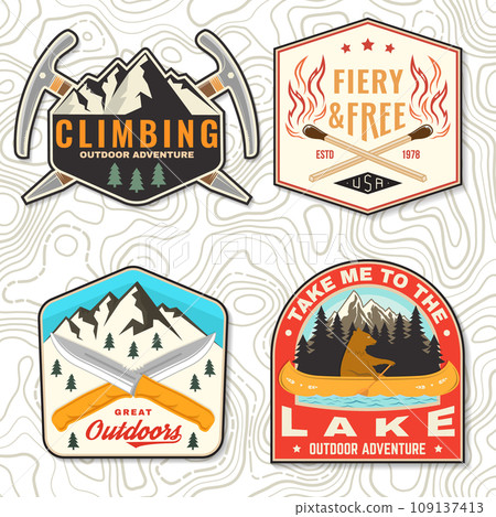 Set of camping patch, sticker. Outdoor adventure vector badge design. Vintage typography design with knives, bear in canoe, matches stick, burning lighter, climbing ice-axe match and forest Set of camping patch, sticker. Outdoor adventure vector badge design. Vintage typography design with knives, bear in canoe, matches stick, burning lighter, climbing ice-axe match and forest 109137413