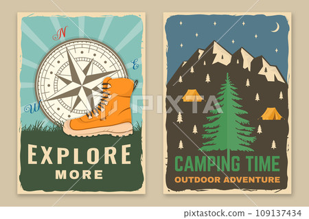 Set of camping retro posters. Vector illustration. Vintage typography design with forest pine tree, mountain, forest, hiking boots and compass, starry night sky with moonlight. 109137434
