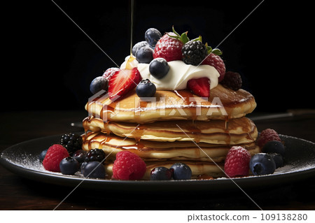 Pancakes with berries. Generative AI 109138280