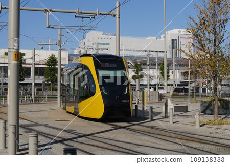Smart yellow and black car body, Utsunomiya's new transportation system, Utsunomiya Light Rail 109138388