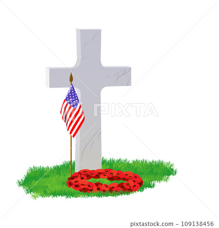 White marble tombstone, American flag and flowers. White marble tombstone, American flag and flowers. 109138456