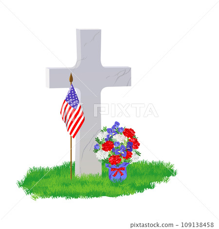 White marble tombstone, American flag and flowers. 109138458