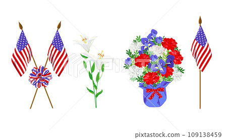 Holiday vector objects isolated on white. US flags, lilies, striped ribbon, a bouquet of flowers. 109138459