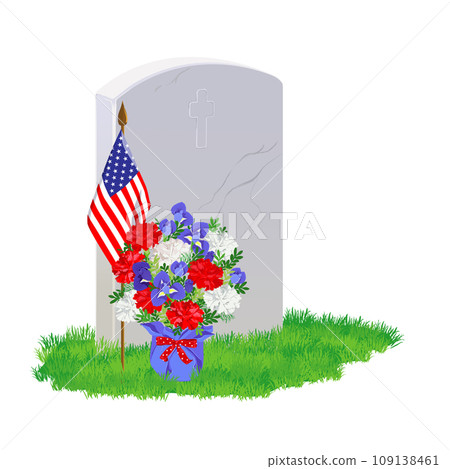 White marble tombstone, American flag and flowers. White marble tombstone, American flag and flowers. 109138461