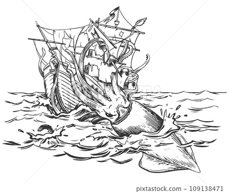 The legendary kraken is attacking the ship. A huge squid drags a sailboat underwater. Monochrome drawing. Vector illustration in engraving style. Composition based on the legends of sailors. 109138471