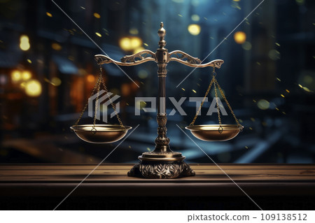 Judicial scales on a dark background. Generative AI 109138512