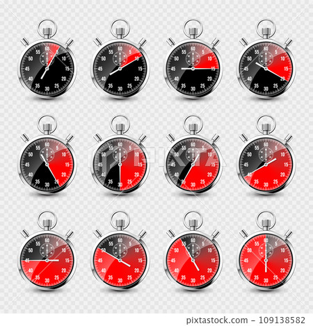 Realistic classic stopwatch. Shiny metal chronometer, time counter with dial. Red countdown timer showing minutes and seconds. Time measurement for sport, start and finish. Vector illustration Realistic classic stopwatch. Shiny metal chronometer, time counter with dial. Red countdown timer showing minutes and seconds. Time measurement for sport, start and finish. Vector illustration 109138582