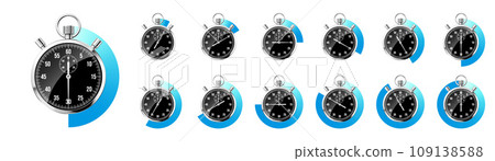 Realistic classic stopwatch. Shiny metal chronometer, black time counter with dial. Blue countdown timer showing minutes and seconds. Time measurement for sport, start and finish. Vector illustration 109138588