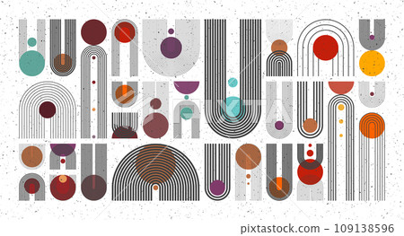 Mid century arch, circle elements, modern geometric shapes with grunge texture. Contemporary design, minimalist art. Trendy design elements for wall decor, posters, books, covers. Vector illustration 109138596